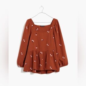 Madewell Amie Floral Embroidered Lightspun Millbrook Puff-Sleeve Peplum Top